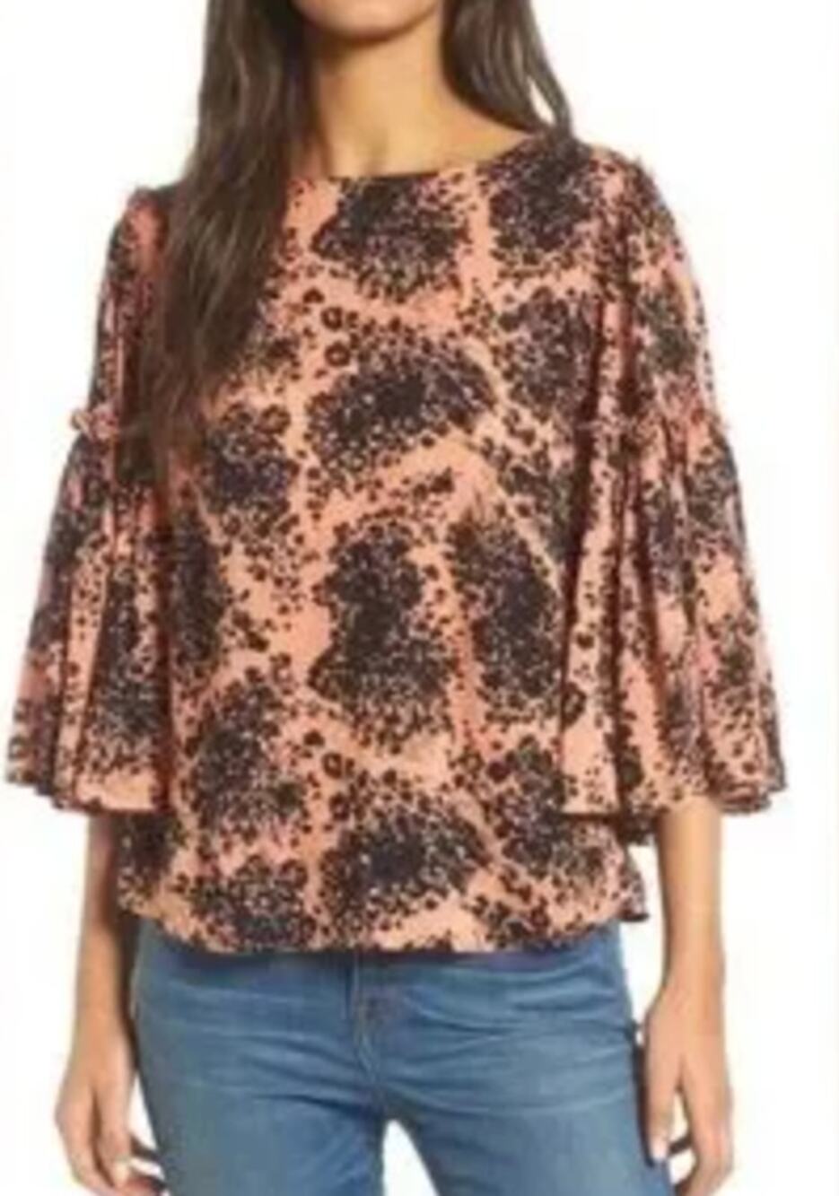 Hinge floral print coral and black butterfly sleeve top Medium Orange Black